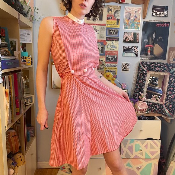 50s gingham plaid Honeylane XXS plaid circle skirt, sleeveless shirt, and bib! - Picture 2 of 16